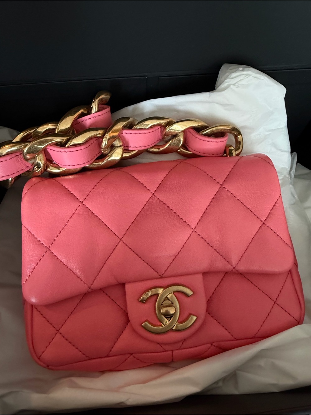 CHANEL Coral Pink Quilted Lambskin Mini Flap Bag with Gold Chain